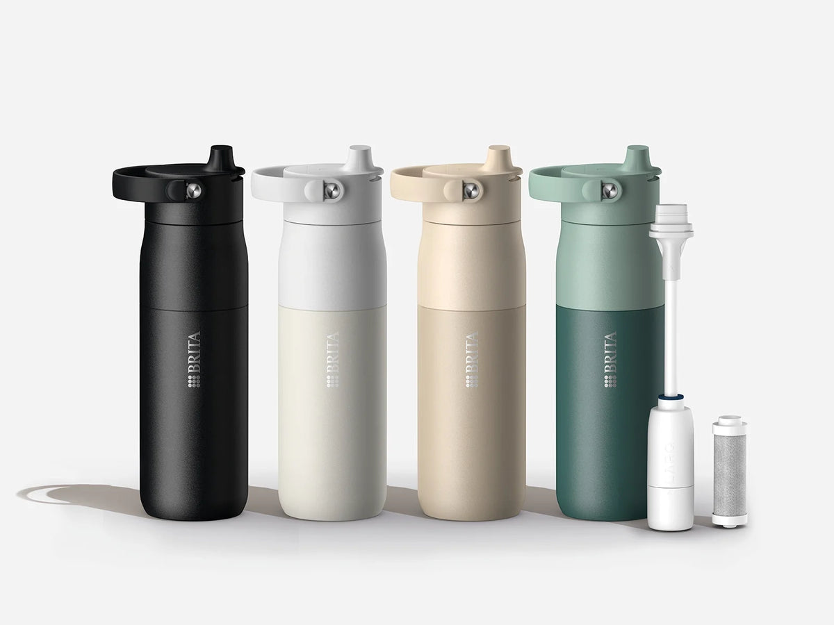 Four BRITA LARQ Water Filter Bottles with a Filter Upgrade Kit and a LARQ Filter.