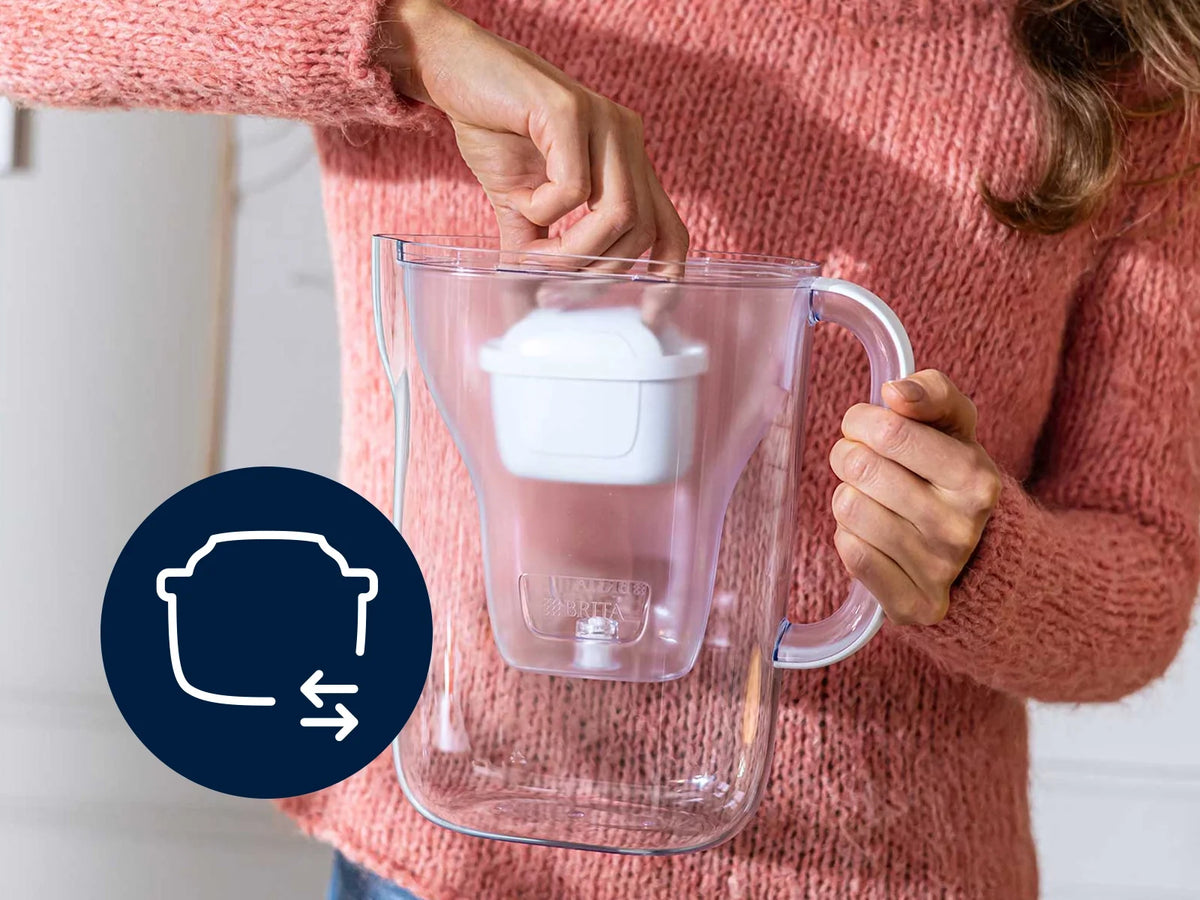 Person inserting BRITA MAXTRA filter cartridge in Water Filter Jug with filter exchange icon on a blue circle.