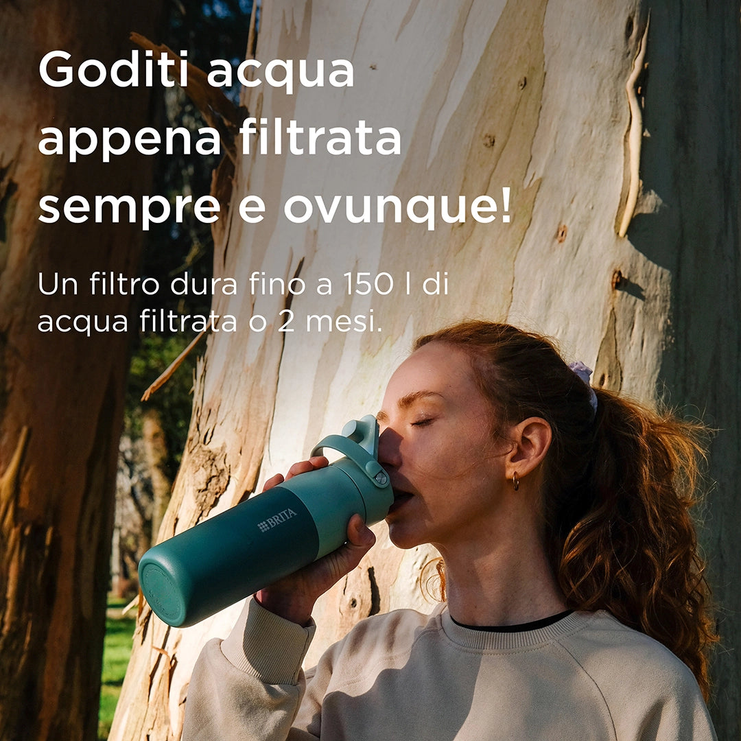 A woman drinking from a green BRITA LARQ water filter bottle, with a caption stating that it filters 150 L of water