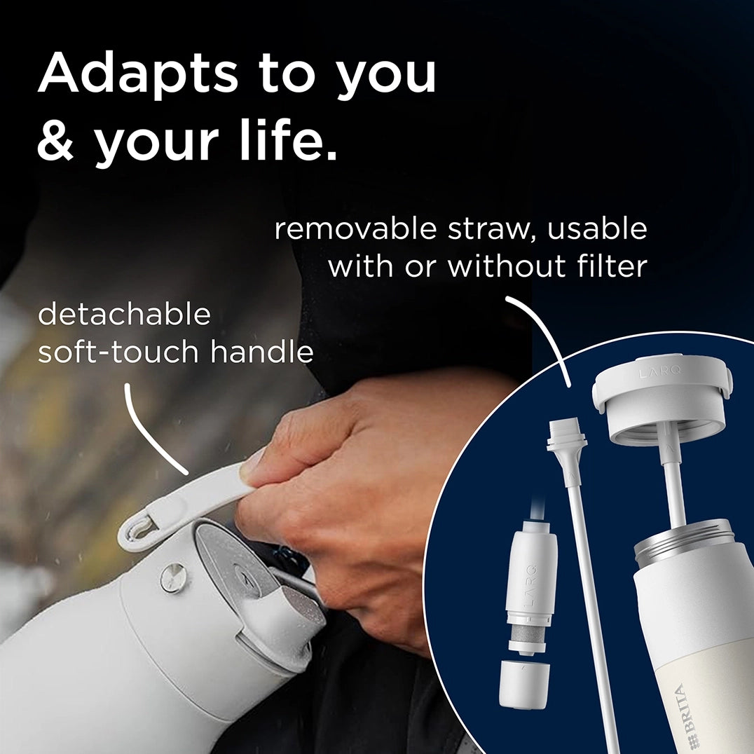 White BRITA LARQ water filter bottle and a note explaining that the filter and handle are replaceable