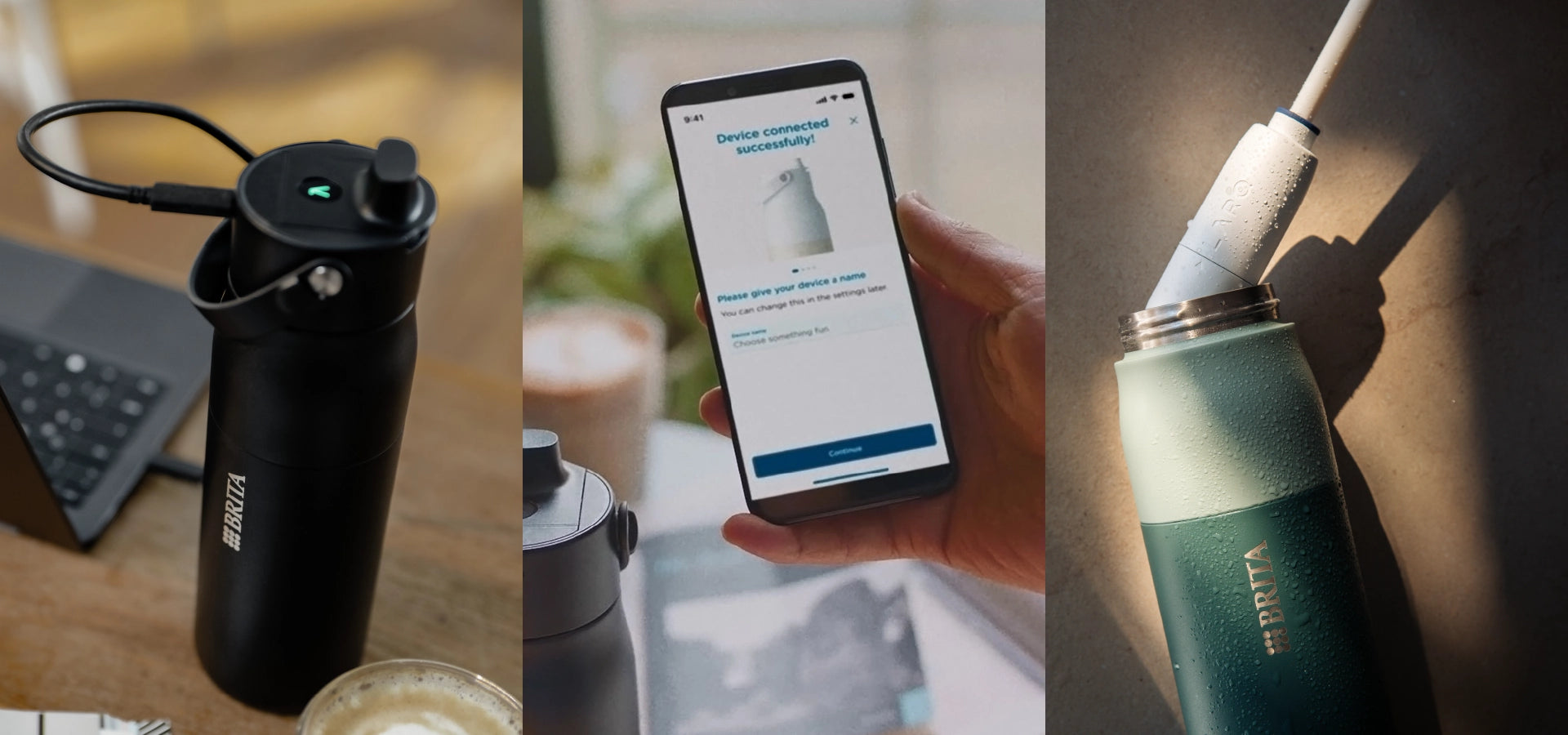 Collage showing three functions of a BRITA LARQ Bottle iQ, including touch controls, app connectivity and self-cleaning mode
