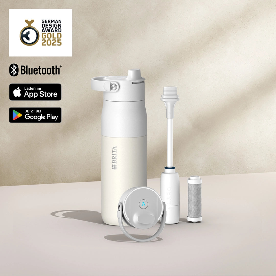 White BRITA LARQ Bottle iQ with filter components and app connectivity features
