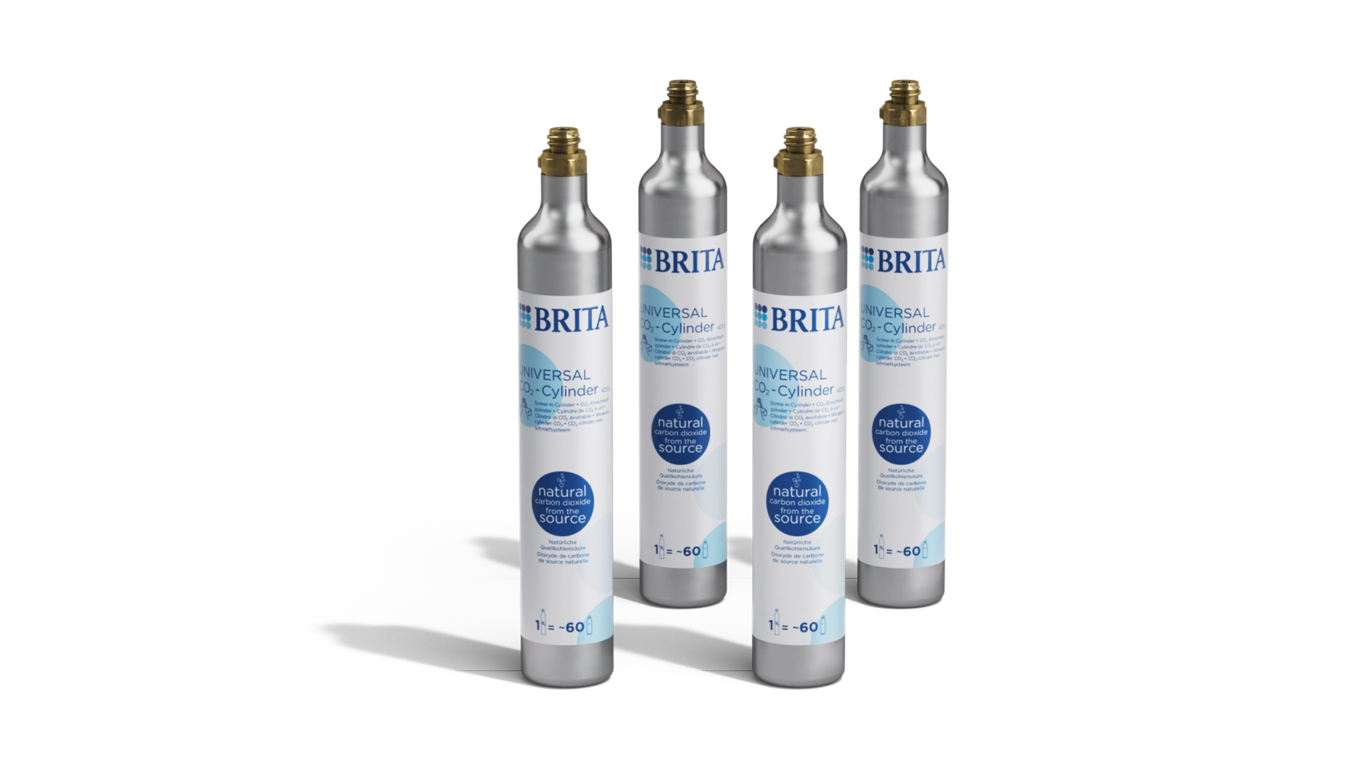 Four BRITA CO₂ cylinders on a white background.