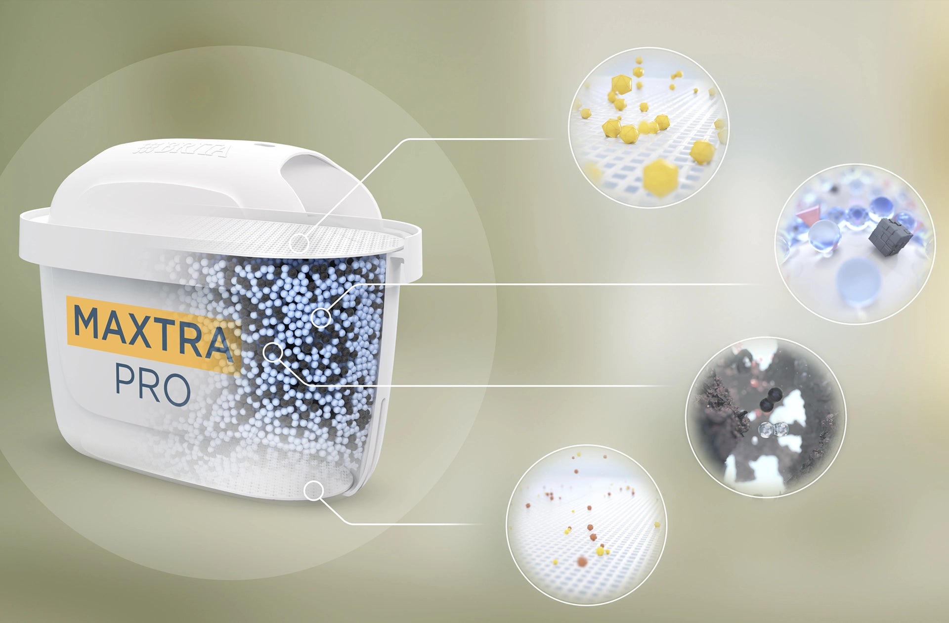 Cross-sectional graphic of the BRITA MAXTRA PRO LIMESCALE EXPERT filter cartridge showing filter media and filtration stages