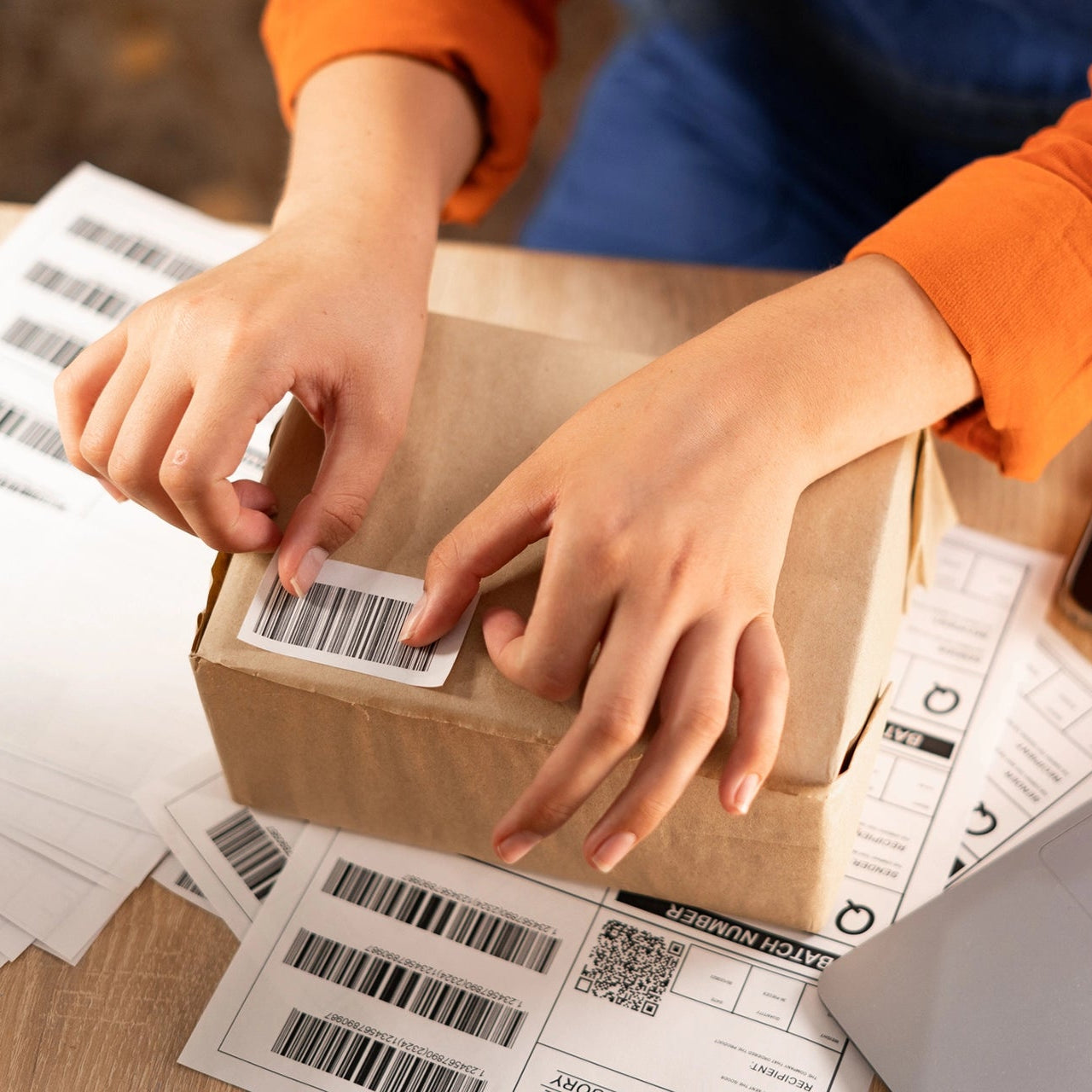 Person packaging a box with barcodes on a table next to a laptop.