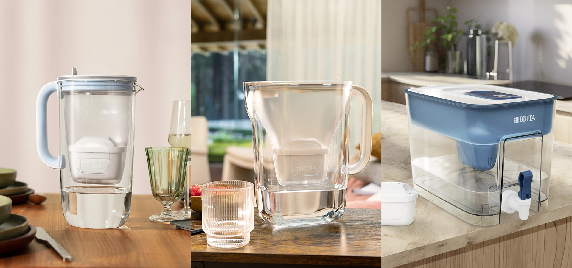 Photo collage of 3 BRITA water filter jugs.