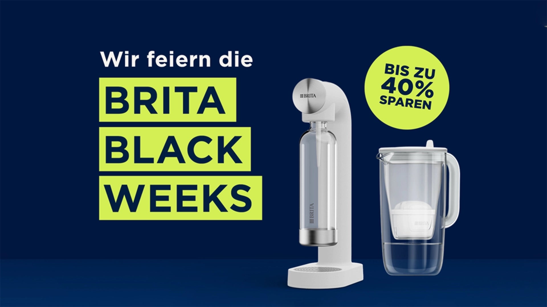BRITA sodaONE sparkler and BRITA Glass Jug with promotional text on a blue background.