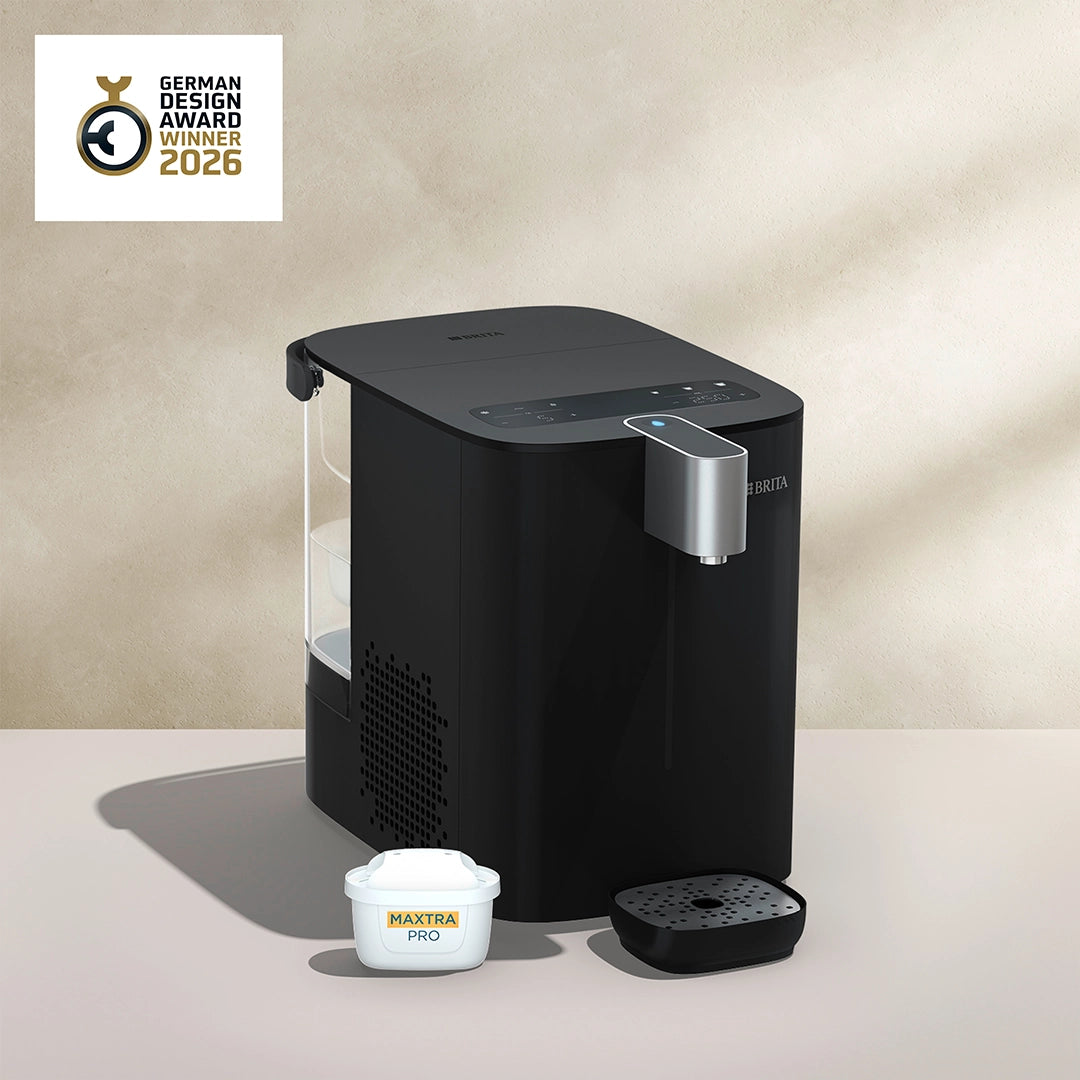 BRITA YOURCE cool and German Design Award Winner 2026 badge on a beige background.